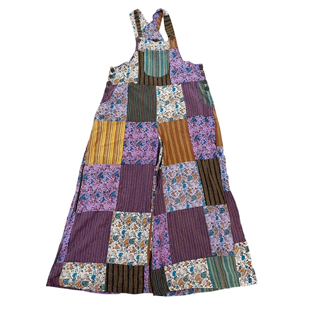 Kirat Patchwork Overalls Womens OS Mushroom Floral Striped Boho Artsy Wide Leg